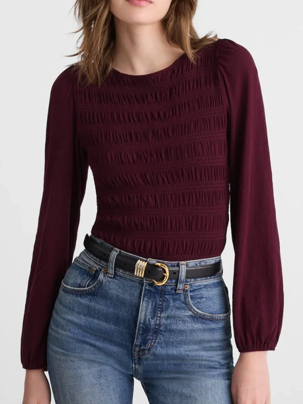 Madewell Smocked Cotton Boatneck Puff Sleeves Slim Fit Top Burgundy Size S NWT